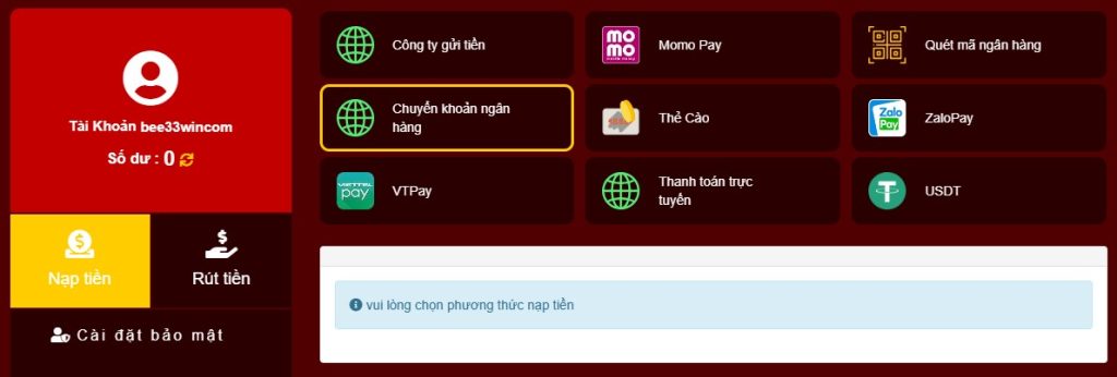 Truy cập trang chủ 33win nhấn vào phần nạp tiền
