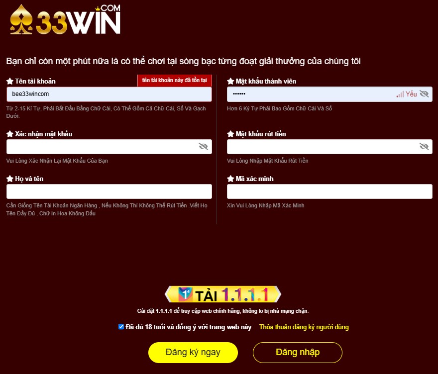 Điền đúng các thông tin để đăng ký 33win nhé!