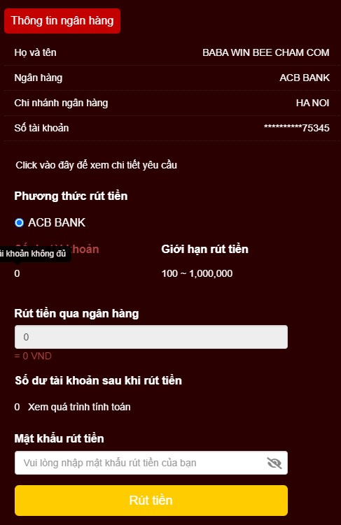 Nhập thông tin và số tiền cần rút
